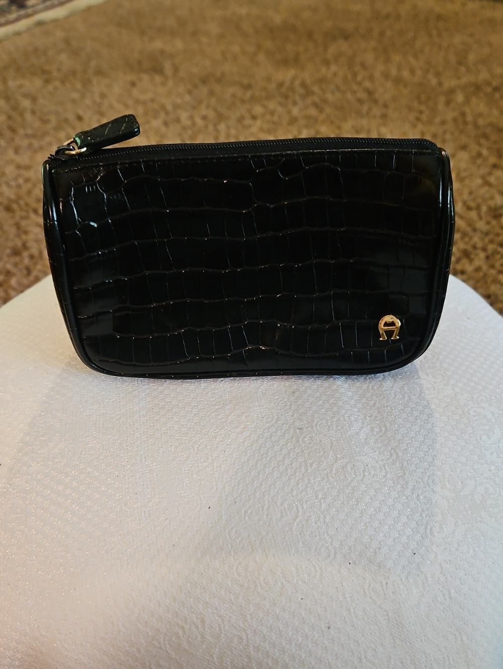 Etienne Aigner 80s Black Croc-Embossed Zip with Gold Logo